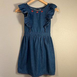 Blue Chambray Denim Ruffle Floral Embroidered Dress Kids Size 10 Cotton